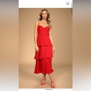 Lulus Cascading Crush Red Tiered Bustier Midi Dress